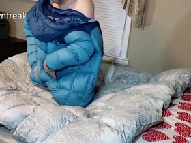 Humping north face down jacket and covers it with cum.