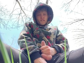 Sweet boy jerking his big dick (23cm) outdoor / huge cumshot on camera / boy / monster dick
