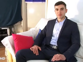 Beatiful male in suit trouser gets wanked huge hard dick by guys: alex